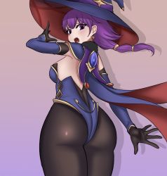 Rule 34 | 1girl, artist request, ass, cosplay, embarrassed, fire emblem, genshin impact, highres, looking back, lute (fire emblem), mona (genshin impact), nintendo, pantyhose, purple hair, solo