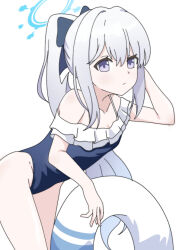 Rule 34 | 1girl, arm behind head, arm up, bare shoulders, black bow, blue archive, blue one-piece swimsuit, bow, collarbone, frilled one-piece swimsuit, frills, grey hair, hair between eyes, hair bow, halo, innertube, leaning forward, looking at viewer, miyako (blue archive), miyako (swimsuit) (blue archive), nyaru (nyaru 4126), one-piece swimsuit, ponytail, purple eyes, sidelocks, simple background, solo, swim ring, swimsuit, white background