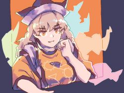 Rule 34 | 1girl, black background, blonde hair, breasts, brown hat, cape, constellation, constellation print, detached sleeves, energy, hair between eyes, hand up, hat, long hair, long sleeves, looking to the side, matara okina, medium breasts, open mouth, orange background, orange cape, orange eyes, orange tabard, shirt, smile, solo, tabard, touhou, upper body, wasabisuke, white hat, white shirt, wide sleeves