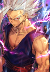 Rule 34 | 1boy, aura, biceps, collarbone, dougi, dragon ball, dragon ball super, dragon ball super super hero, gohan beast, hungry clicker, looking at viewer, muscular, muscular male, red eyes, serious, solo, son gohan, spiked hair, spoilers, v-shaped eyebrows, white hair