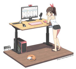 Rule 34 | 1girl, ass, barefoot, black shorts, blush, breasts, brown eyes, brown hair, camisole, cellphone, charger, closed mouth, computer, computer tower, desk, hair ribbon, hatsunatsu, keyboard (computer), looking at viewer, looking back, microphone, monitor, mouse (computer), original, phone, ponytail, red ribbon, ribbon, short shorts, shorts, simple background, small breasts, smile, soles, solo, standing, watermark, web address, webcam, white background, white camisole, wooden floor