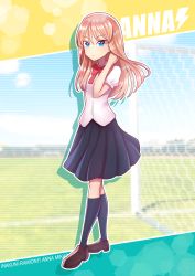 Rule 34 | 1girl, blue eyes, blue skirt, bow, character name, full body, hoshimelon, inazuma eleven (series), inazuma eleven ares no tenbin, long hair, looking at viewer, mikado anna, pink hair, school uniform, skirt, solo