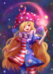 Rule 34 | 1girl, american flag dress, american flag pants, american flag print, blonde hair, blue sky, breasts, clownpiece, commentary request, dress, fairy wings, fire, gradient sky, hand up, hat, highres, holding, holding torch, jester cap, kuriiro, light, long hair, looking to the side, medium breasts, neck ruff, night, night sky, open mouth, pants, pantyhose, pink hat, pointy ears, polka dot, print pants, purple sky, red eyes, short sleeves, sky, smile, solo, standing, star (sky), star (symbol), star print, starry sky, striped clothes, striped dress, striped pants, torch, touhou, wavy hair, wings