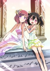 Rule 34 | 10s, 2girls, bare legs, black hair, cleavage, dress, flower, hair flower, hair ornament, hair ribbon, hand on another&#039;s shoulder, highres, jewelry, looking at viewer, love live!, love live! school idol project, multiple girls, necklace, nishikino maki, purple eyes, red eyes, red hair, ribbon, shipii (jigglypuff), short hair, side slit, sitting, twintails, yazawa nico