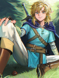 Rule 34 | 1boy, absurdres, belt, blonde hair, blue cape, blue eyes, blue tunic, boots, brown footwear, cape, earrings, fingerless gloves, foot out of frame, gloves, grass, hair between eyes, hand on own knee, highres, jewelry, link, long sleeves, looking at viewer, male focus, medium hair, multiple belts, nintendo, outdoors, pants, pine tree, pointy ears, shirt, short sleeves, shoulder belt, sidelocks, sitting, smile, solo, sword, the legend of zelda, the legend of zelda: breath of the wild, tree, weapon, weapon on back, white pants, white shirt, yurian (user utch8788)