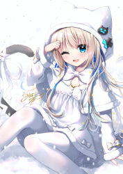 Rule 34 | 1girl, ;d, animal ears, animal hood, arm up, blonde hair, blue eyes, blue hair, capelet, cat ears, cat hood, cat tail, commentary request, dress, fake animal ears, feet out of frame, fur-trimmed capelet, fur-trimmed dress, fur-trimmed hood, fur-trimmed sleeves, fur trim, hood, hood up, hooded capelet, indie virtual youtuber, long hair, long sleeves, multicolored hair, one eye closed, open mouth, pantyhose, ribbon, signature, sleeves past wrists, smile, snow, snowing, solo, tail, tail ornament, tail ribbon, two-tone hair, uchuuneko, uchuuneko (vtuber), very long hair, virtual youtuber, white capelet, white dress, white pantyhose, white ribbon