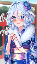 Rule 34 | 1girl, :d, ahoge, alternate costume, aqua hair, blue eyes, blue kimono, blurry, blush, commentary request, crying, crying with eyes open, depth of field, drop-shaped pupils, floral print kimono, floral print sash, flower, fur scarf, furina (genshin impact), genshin impact, hair between eyes, hair flower, hair ornament, hatsumoude, heterochromia, highres, holding, holding paper, japanese clothes, kimono, long sleeves, looking at viewer, medium hair, mikoto (0709mikoto), mismatched pupils, new year, obi, omikuji, open mouth, outdoors, paper, sash, sidelocks, smile, solo, symbol-shaped pupils, tearing up, tears, torii, wavy hair, wide sleeves