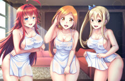 Rule 34 | 3girls, :d, adjusting hair, ahoge, apron, apron lift, arkfield, arms under breasts, bleach, blonde hair, blue bow, blue eyes, bow, breasts, brown eyes, cleavage, clothes lift, collarbone, commission, couch, crossed bangs, crossover, drop earrings, earrings, fairy tail, hair between eyes, hair bow, hair intakes, hair ornament, hair scrunchie, high school dxd, indoors, inoue orihime, jewelry, large breasts, leaning forward, lifted by self, long hair, looking at viewer, lucy heartfilia, mixed-language commentary, multiple girls, naked apron, open mouth, orange hair, red hair, rias gremory, rug, scrunchie, side ponytail, single earring, smile, sunlight, teeth, thighs, upper teeth only, white apron, window, yellow scrunchie