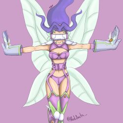 Rule 34 | 1girl, breasts, breasts apart, digimon, digimon (creature), fairimon, gloves, highres, long hair, mask, medium breasts, purple hair, redaorta , simple background, solo, wings