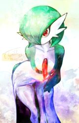 1girl artist_name bob_cut colored_skin creatures_(company) dress game_freak gardevoir gen_3_pokemon green_hair green_skin hair_over_one_eye highres leaning_forward looking_at_viewer multicolored_skin nintendo pink_eyes pokemon pokemon_(creature) signature smile thwillartz two-tone_skin white_dress white_skin