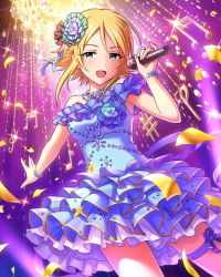 Rule 34 | 10s, 1girl, artist request, bare shoulders, blonde hair, blue dress, bracelet, card (medium), character name, confetti, dress, green eyes, hair ornament, holding, idolmaster, idolmaster cinderella girls, jewelry, looking at viewer, microphone, music, musical note, necklace, off shoulder, official art, open mouth, pearl necklace, short hair, singing, solo, treble clef, umeki otoha