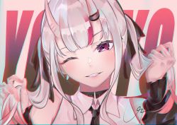 1girl, :d, absurdres, bangs, black neckwear, black ribbon, blush, bow, choker, chromatic aberration, collar, earrings, hair bow, highres, holding, holding hair, hololive, horns, jewelry, long hair, looking at viewer, multicolored hair, nakiri ayame, necktie, one eye closed, oni, oni horns, open mouth, red eyes, red hair, ribbon, shirt, silver hair, skin-covered horns, sleeveless, sleeveless shirt, smile, solo, streaked hair, upper body, urotare, virtual youtuber, white hair, white shirt