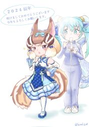 Rule 34 | 2girls, animal ears, blue eyes, blue hair, brown eyes, brown hair, chipmunk ears, chipmunk girl, chipmunk tail, dress, eating, extra ears, food, highres, jersey, kemono friends, kemono friends 3, kemono friends v project, long hair, looking at viewer, mochi, multiple girls, ribbon, saival cat, seiryuu (kemono friends), shoes, short hair, siberian chipmunk (kemono friends), simple background, sleeveless, tail, translation request, twintails, virtual youtuber