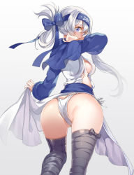 Rule 34 | 1girl, ainu clothes, ass, bad id, bad pixiv id, black legwear, blue eyes, breasts, folded ponytail, from behind, headband, kamoi (kancolle), kantai collection, long hair, looking at viewer, looking back, medium breasts, panties, shiosoda, side-tie panties, sideboob, simple background, solo, standing, underwear, white background, white hair, white panties