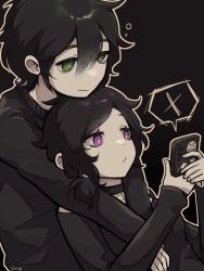 Rule 34 | 1boy, 1girl, alfine01, andrew graves (the coffin of andy and leyley), ashley graves, black background, black collar, black hair, collar, green eyes, holding, holding phone, hug, hug from behind, phone, pink eyes, the coffin of andy and leyley