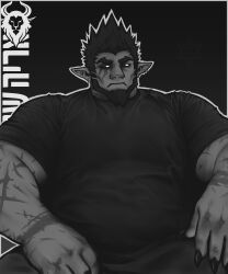 Rule 34 | 1boy, absurdres, arms at sides, bara, beard, belly, black sclera, black theme, brusi (iixblacklionxii), colored sclera, demon boy, facial hair, feet out of frame, fingernails, highres, iixblacklionxii, large hands, large pectorals, looking to the side, male focus, mature male, muscular, muscular male, original, pectorals, pointy ears, scar, scar on arm, sharp fingernails, shirt, short hair, sitting, solo, strongman waist, t-shirt, thick eyebrows