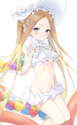 Rule 34 | 1girl, abigail williams (fate), abigail williams (swimsuit foreigner) (fate), abigail williams (swimsuit foreigner) (third ascension) (fate), absurdres, bare shoulders, bikini, blonde hair, blue eyes, blush, bonnet, bow, braid, braided hair rings, breasts, closed mouth, fate/grand order, fate (series), forehead, hair rings, highres, innertube, long hair, looking at viewer, mint (psmin30), multiple bows, navel, parted bangs, sidelocks, simple background, small breasts, smile, swim ring, swimsuit, thighs, twin braids, very long hair, w, white background, white bikini, white bow, white headwear