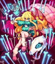 1girl absurdres blonde_hair blue_eyes bone cosplay gap_(touhou) green_hoodie hair_between_eyes hand_fan heterochromia highres holding holding_fan holding_umbrella hood hoodie long_hair long_sleeves pink_slippers purple_eyes rampa93 sans_(undertale) sans_(undertale)_(cosplay) shirt shorts skull slippers smile socks touhou umbrella undertale very_long_hair white_shirt white_socks yakumo_yukari