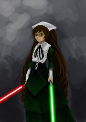 Rule 34 | 1girl, artist request, black bow, bow, brown hair, dress, energy sword, green dress, green eyes, heterochromia, highres, lightsaber, lolita fashion, looking at viewer, pointing sword, red eyes, rozen maiden, star wars, suiseiseki, sword, weapon