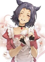 Rule 34 | 1girl, animal ears, apron, black choker, black gloves, blue hair, blueberry, cake, cake slice, cat ears, cat girl, choker, collarbone, commentary, cream, cup, dress, drink, facial mark, final fantasy, final fantasy xiv, fingerless gloves, food, food-themed background, fork, fruit, gloves, head tilt, heart, heart apron, heart choker, highres, holding, holding food, light blush, looking at viewer, maid, maid apron, miqo&#039;te, one eye closed, original, parted bangs, pastry bag, pink dress, red eyes, scar, scar on face, scar on nose, short hair, short sleeves, smile, solo, sparkle, straight-on, strawberry, symbol-only commentary, teacup, upper body, yiban luguo tongren nu