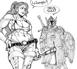 Rule 34 | 1boy, 1girl, armor, axe, bad id, bb (baalbuddy), dark skin, female orc, greyscale, hand on own hip, hatchet (axe), highres, inactive account, knight, monochrome, monster girl, muscular, muscular female, orc, paladin, shield, simple background, standing, sword, tabard, thighhighs, weapon, weapon on back, white background