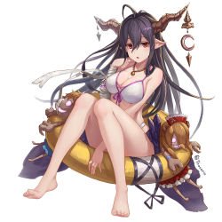 Rule 34 | 10s, 1girl, :o, barefoot, bikini, blush, breasts, cleavage, danua, doll, draph, feet, female focus, front-tie top, granblue fantasy, hair between eyes, horn ornament, horns, jewelry, large breasts, leo thasario, long hair, looking at viewer, navel, open mouth, pointy ears, purple hair, red eyes, saliva swap, skindentation, solo, swimsuit