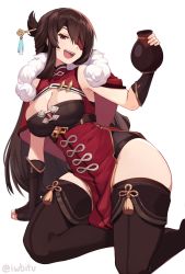 Rule 34 | 1girl, :d, artist name, beidou (genshin impact), black gloves, boots, breasts, brown eyes, brown hair, capelet, cleavage, colored eyepatch, commentary, eyepatch, fang, fingerless gloves, fur trim, genshin impact, gloves, hair ornament, hair stick, highres, iwbitu, jar, kneeling, large breasts, leotard, long hair, looking at viewer, open mouth, pelvic curtain, simple background, smile, solo, tassel, teeth, thighhighs, thighhighs under boots, twitter username, white background