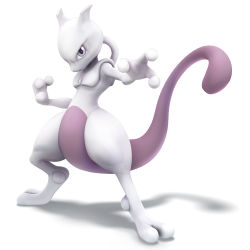 Rule 34 | creatures (company), fighting stance, game freak, gen 1 pokemon, highres, legendary pokemon, looking at viewer, mewtwo, nintendo, no humans, official art, pokemon, pokemon (creature), serious, simple background, solo, super smash bros., tail