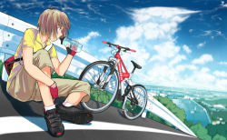 Rule 34 | 1girl, aihara kaichi, antenna hair, bad id, bad pixiv id, bag, bicycle, blouse, bottle, brown hair, cloud, collared shirt, day, drinking, fingerless gloves, gloves, guard rail, original, outdoors, satchel, scenery, shirt, shoes, short hair, shorts, sitting, sky, sneakers, solo, water bottle, yellow shirt