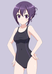 Rule 34 | 1girl, absurdres, black one-piece swimsuit, blush, closed mouth, commentary request, competition swimsuit, cowboy shot, flatfield, gochuumon wa usagi desu ka?, grey background, hair between eyes, hands on own hips, highleg, highres, long hair, one-piece swimsuit, purple eyes, purple hair, simple background, smile, solo, standing, swimsuit, tedeza rize