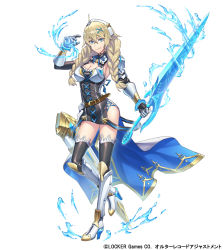 Rule 34 | 1girl, belt, black thighhighs, blue eyes, boots, braid, breasts, churayuki, cleavage, company name, full body, gauntlets, hair ornament, high heel boots, high heels, holding, holding sword, holding weapon, knight, long hair, looking at viewer, official art, original, simple background, smile, solo, standing, sword, thighhighs, twin braids, water, weapon, white background, x hair ornament
