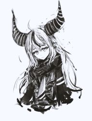 Rule 34 | 1girl, absurdres, braid, brown theme, commentary, cowlick, cropped torso, english commentary, flat chest, greyscale, hair behind ear, head tilt, highres, hololive, horns, jacket, la+ darknesss, long hair, looking at viewer, merpperoni, monochrome, multicolored hair, pointy ears, solo, streaked hair, upper body, virtual youtuber