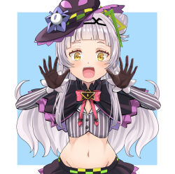 Rule 34 | 1girl, arched bangs, black capelet, black gloves, black headwear, black skirt, blush, bow, bowtie, capelet, choppy bangs, commentary request, cone hair bun, cowboy shot, cropped shirt, gloves, grey hair, grey shirt, hair bun, hairband, hands up, haniwa (leaf garden), hat, highres, hololive, long hair, long sleeves, looking at viewer, lowleg, lowleg skirt, microskirt, midriff, murasaki shion, murasaki shion (1st costume), navel, open mouth, pink bow, pink bowtie, purple capelet, shirt, sidelocks, single side bun, skirt, smile, solo, stomach, striped clothes, striped shirt, tilted headwear, vertical-striped clothes, vertical-striped shirt, virtual youtuber, w arms, witch hat, yellow eyes