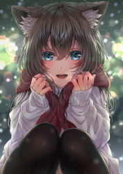 Rule 34 | 1girl, :d, animal ear fluff, animal ears, black thighhighs, blue eyes, brown hair, fangs, highres, holding, holding clothes, holding scarf, long hair, long sleeves, looking at viewer, open mouth, original, routo (rot 0), scarf, sleeves past wrists, smile, sweater, thighhighs, white sweater