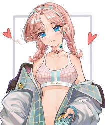 Rule 34 | 1girl, absurdres, alucard pie, arknights, blue eyes, blue poison (arknights), blue poison (shoal beat) (arknights), blush, braid, breasts, chinese commentary, choker, closed mouth, collarbone, commentary, commentary request, earrings, english commentary, giving, grey background, hairband, head tilt, heart, highres, jacket, jewelry, long hair, looking at viewer, medium breasts, midriff, mixed-language commentary, navel, off shoulder, official alternate costume, pink choker, pink hair, pink hairband, pink sports bra, scales, smile, solo, sports bra, twin braids, upper body, white background, white jacket