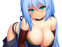 Rule 34 | 1girl, all fours, asamura hiori, bare shoulders, black dress, blue hair, blush, breasts, choker, cleavage, collarbone, commentary request, dress, elbow gloves, expressionless, gloves, gold trim, green eyes, highres, large breasts, long hair, looking at viewer, original, revision, simple background, solo, white background