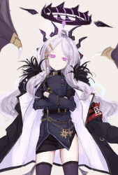 Rule 34 | 1girl, absurdres, asagi (kabocha oukoku), belt, black coat, black gloves, black skirt, black socks, character request, closed mouth, coat, copyright request, crossed arms, gloves, highres, kneehighs, long hair, looking at viewer, military, military uniform, miniskirt, purple hair, skirt, socks, solo, uniform, wavy hair, white hair
