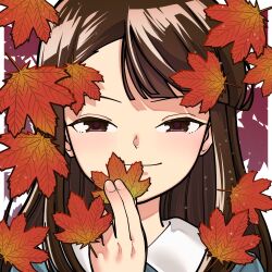 Rule 34 | 1girl, absurdres, asymmetrical bangs, autumn leaves, brown eyes, brown hair, commentary request, highres, holding, holding leaf, leaf, long hair, original, portrait, solo, yano keito