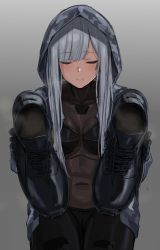 Rule 34 | 1girl, absurdres, ak-12 (faint light of furthest day) (girls&#039; frontline), ak-12 (girls&#039; frontline), black bodysuit, black footwear, black gloves, blush, bodysuit, boots, breasts, camouflage, camouflage jacket, closed eyes, girls&#039; frontline, gloves, gradient background, grey background, highres, holding, holding clothes, holding footwear, hood, hood up, hooded jacket, jacket, kuro (zhurunbo1997), long hair, long sleeves, official alternate costume, silver hair, simple background, smell, smile, solo