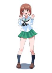 Rule 34 | 1girl, :d, black neckerchief, black socks, blouse, blush, brown eyes, brown footwear, brown hair, clenched hands, commentary, enikuma, full body, girls und panzer, green skirt, head tilt, highres, loafers, long sleeves, looking at viewer, miniskirt, neckerchief, nishizumi miho, ooarai school uniform, open mouth, pleated skirt, school uniform, serafuku, shadow, shirt, shoes, short hair, simple background, skirt, smile, socks, solo, standing, w arms, white background, white shirt