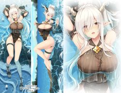 Rule 34 | 1girl, absurdly long hair, alternate costume, arknights, armpits, arms up, artist name, bare shoulders, barefoot, belly chain, belt, billie (meng gong fang), black leotard, breasts, dakimakura (medium), dated, day, dya, feathers, from above, full body, hair between eyes, highres, holding, holding feather, horns, jewelry, large breasts, leotard, long hair, looking at viewer, multiple views, official alternate costume, open mouth, outdoors, parted lips, partially submerged, pointy ears, ponytail, red eyes, sandals, shining (arknights), shining (silent night) (arknights), sidelocks, simple background, skindentation, strapless, strapless leotard, thigh strap, thighs, very long hair, wet, white hair