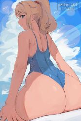 Rule 34 | 1girl, ass, bare arms, bare shoulders, blonde hair, blue leotard, closed mouth, commentary, english commentary, from behind, highres, leotard, looking at viewer, looking back, medium hair, metroid, mirai hikari, nintendo, outdoors, patreon username, ponytail, samus aran, sitting, smile, solo, thighs