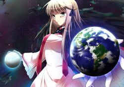 Rule 34 | &gt;:), 1girl, black cloak, black ribbon, blunt bangs, breasts, cloak, closed mouth, commentary request, cowboy shot, dress, earth (planet), eyebrows hidden by hair, floating clothes, floating hair, foreshortening, frilled sleeves, frills, green pupils, hair ribbon, holding planet, juliet sleeves, kazamatsuri institute high school uniform, large breasts, light blush, light brown hair, long hair, long sleeves, looking at viewer, moon, pink dress, planet, puffy sleeves, red ribbon, rewrite, ribbon, school uniform, senri akane, shaded face, sidelocks, smile, solo, space, standing, tagame (tagamecat), v-shaped eyebrows, wide sleeves, yellow eyes
