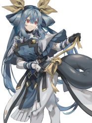 Rule 34 | 1girl, absurdres, adjusting bow, artist name, belt, black gloves, blue hair, bow, commission, cosplay, dizzy (guilty gear), dress, duplicate, english text, gloves, guilty gear, hair ribbon, hair rings, highres, ky kiske, ky kiske (cosplay), monster girl, oeillet vie, open mouth, pelvic curtain, red eyes, ribbon, sidelocks, simple background, skeb commission, solo, tail, tail ornament, tail ribbon, twintails, twitter username, tying, uniform, white background, white dress, white legwear, yellow bow, yellow ribbon