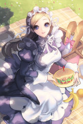 Rule 34 | 1girl, apron, banana, basket, blue eyes, bread, breasts, brown hair, cup, dress, female focus, food, frills, fruit, long hair, lowres, maid, maid apron, maid headdress, nature, outdoors, picnic, plant, ribbon, sitting, solo, sword girls