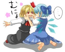 Rule 34 | 2girls, barefoot, blonde hair, cheek pinching, cirno, embodiment of scarlet devil, feet, female focus, multiple girls, nugaa, outstretched arms, pinching, red eyes, rumia, spread arms, touhou