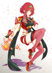 Rule 34 | 1girl, absurdres, black gloves, blush, breasts, ca zi, cameltoe, earrings, fingerless gloves, fire, gem, gloves, hand on own chest, highres, jewelry, magic, nintendo, pyra (xenoblade), red eyes, red hair, red thighhighs, short hair, short shorts, shorts, simple background, skindentation, solo, sparkle, thighhighs, tiara, white background, xenoblade chronicles (series), xenoblade chronicles 2
