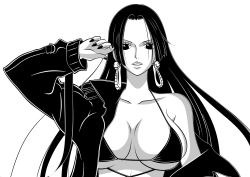 Rule 34 | 1girl, black hair, boa hancock, breasts, cleavage, curvy, earrings, female focus, highres, huge breasts, jewelry, large breasts, long hair, looking at another, looking at viewer, looking back, monochrome, one piece, short hair, simple background, solo, upper body, white background