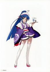 Rule 34 | 1girl, absurdres, blue eyes, blue hair, cup, detached sleeves, dress, drinking glass, flat chest, full body, hand on own hip, highres, holding, japanese clothes, long hair, long sleeves, looking at viewer, maid headdress, minato hikaru, namaniku atk, obi, official art, page number, ponytail, sandals, sash, scan, short dress, simple background, smile, solo, soukou akki muramasa, standing, thighhighs, tray, white background, white thighhighs, wide sleeves, zettai ryouiki