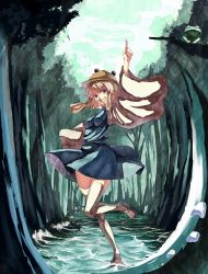 Rule 34 | 1girl, bad id, bad pixiv id, blonde hair, breasts, female focus, frog, hat, moriya suwako, nature, open mouth, outdoors, outstretched arm, plant, pointing, pointing up, skirt, sky, smile, solo, standing, standing on one leg, thighhighs, touhou, water, white thighhighs, yasumo (kuusouorbital), zettai ryouiki